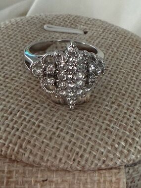 Silver Tone Crystal Cluster Cocktail Ring - sz 9